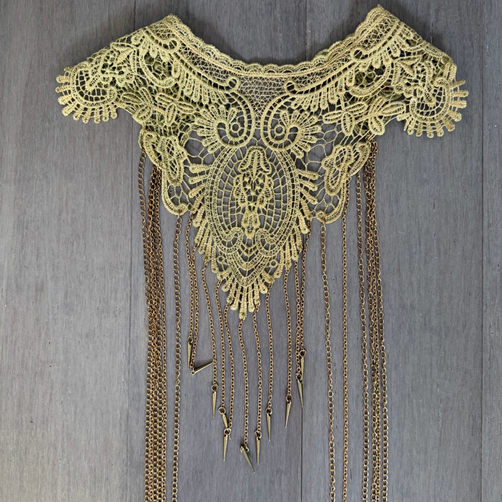 Gold Lace Statement Necklace with Fringe Chains